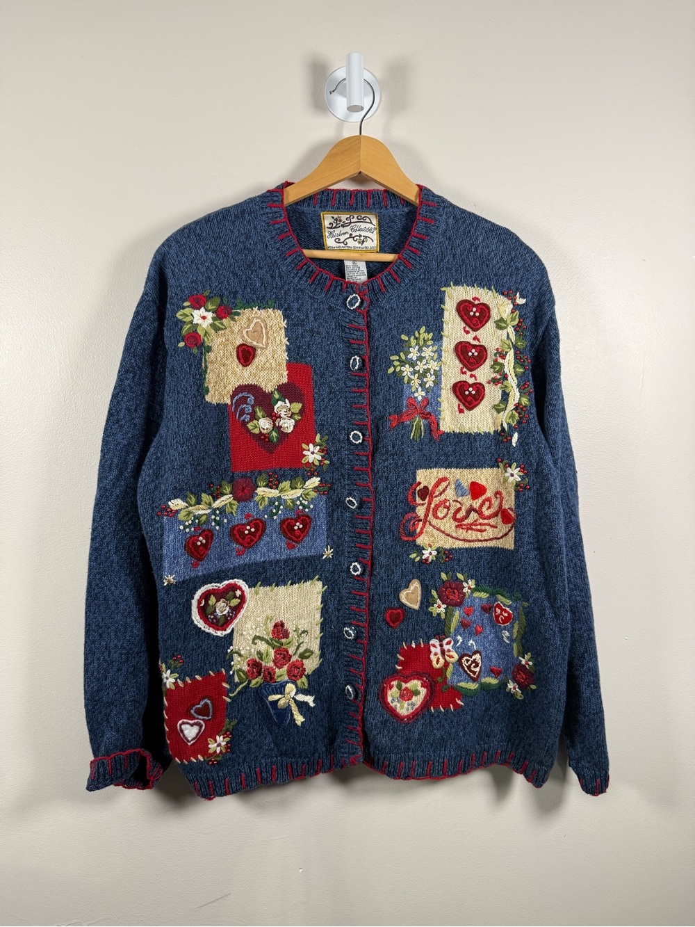 Blue Embroidered Heart & Floral Cardigan Sweater